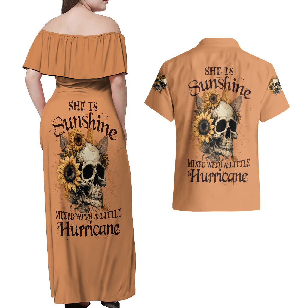 Sunflower Skull Couples Matching Off Shoulder Maxi Dress and Hawaiian Shirt She Is Sunshine Mixed With A Little Hurricance - Wonder Print Shop