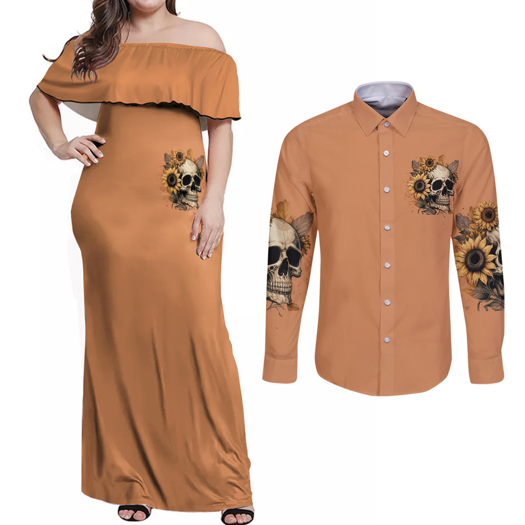 Sunflower Skull Couples Matching Off Shoulder Maxi Dress and Long Sleeve Button Shirts She Is Sunshine Mixed With A Little Hurricance - Wonder Print Shop