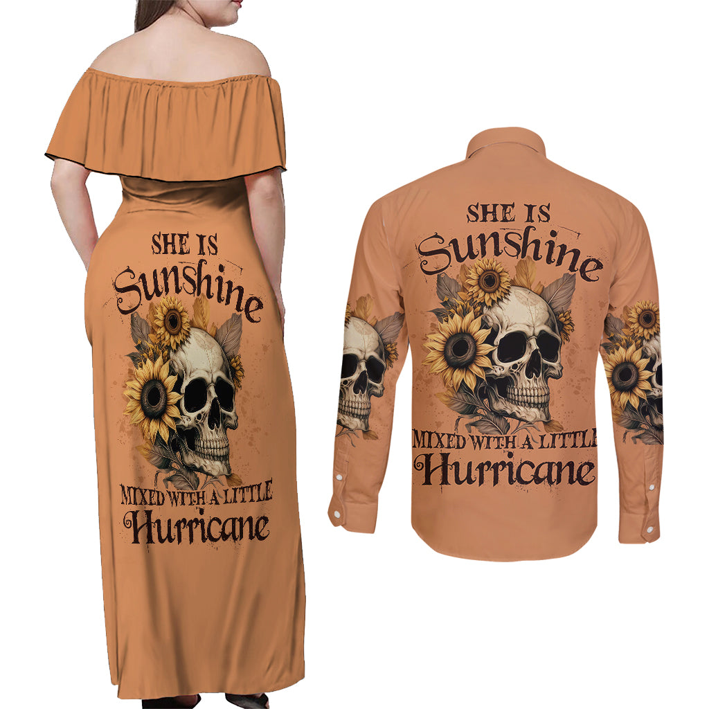 Sunflower Skull Couples Matching Off Shoulder Maxi Dress and Long Sleeve Button Shirts She Is Sunshine Mixed With A Little Hurricance - Wonder Print Shop