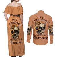 Sunflower Skull Couples Matching Off Shoulder Maxi Dress and Long Sleeve Button Shirts She Is Sunshine Mixed With A Little Hurricance - Wonder Print Shop