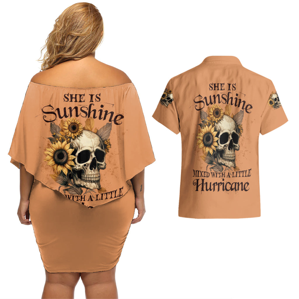 Sunflower Skull Couples Matching Off Shoulder Short Dress and Hawaiian Shirt She Is Sunshine Mixed With A Little Hurricance - Wonder Print Shop