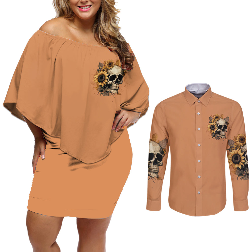 Sunflower Skull Couples Matching Off Shoulder Short Dress and Long Sleeve Button Shirts She Is Sunshine Mixed With A Little Hurricance - Wonder Print Shop