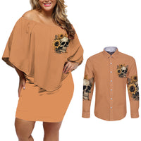 Sunflower Skull Couples Matching Off Shoulder Short Dress and Long Sleeve Button Shirts She Is Sunshine Mixed With A Little Hurricance - Wonder Print Shop