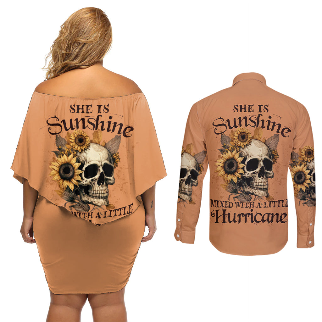 Sunflower Skull Couples Matching Off Shoulder Short Dress and Long Sleeve Button Shirts She Is Sunshine Mixed With A Little Hurricance - Wonder Print Shop