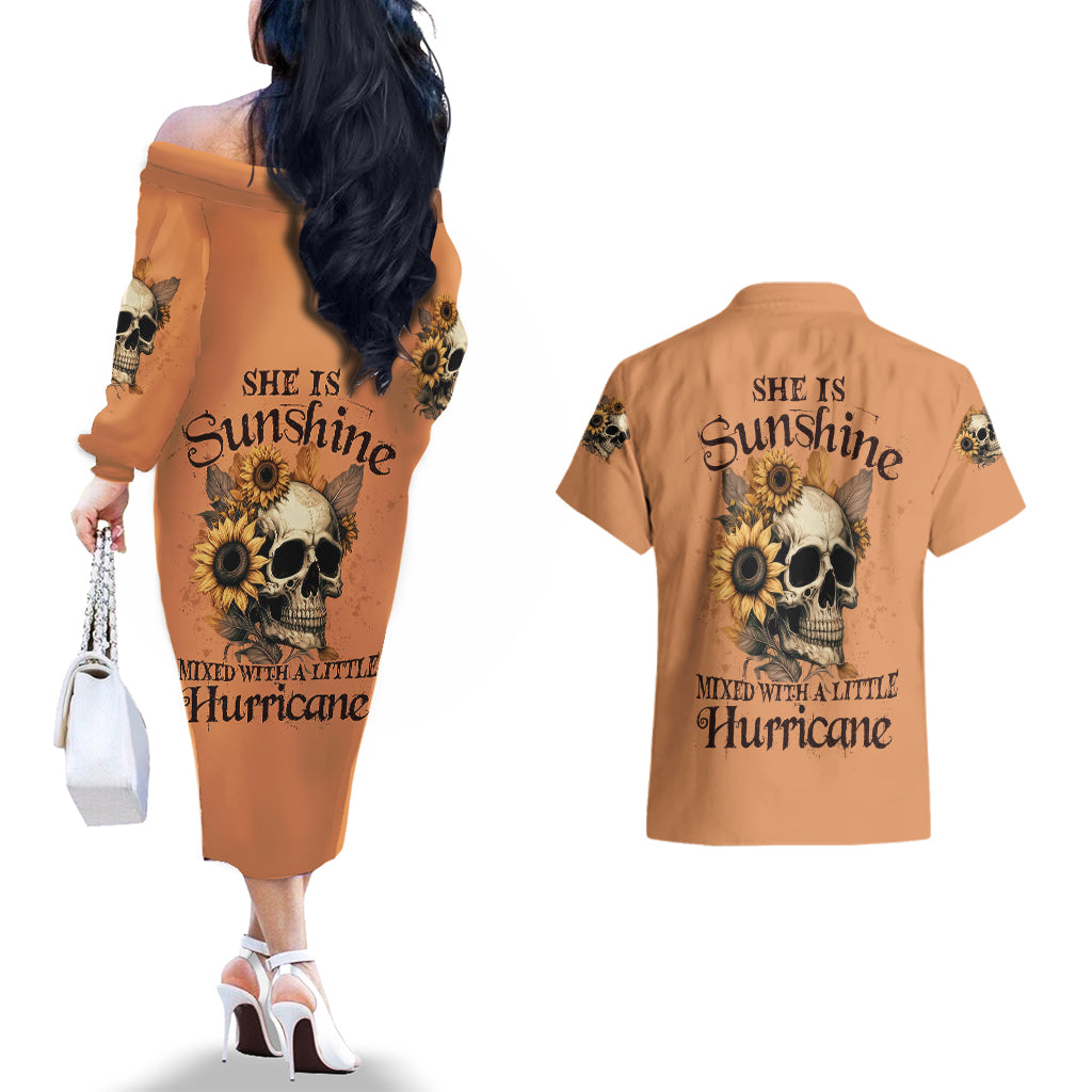 Sunflower Skull Couples Matching Off The Shoulder Long Sleeve Dress and Hawaiian Shirt She Is Sunshine Mixed With A Little Hurricance - Wonder Print Shop