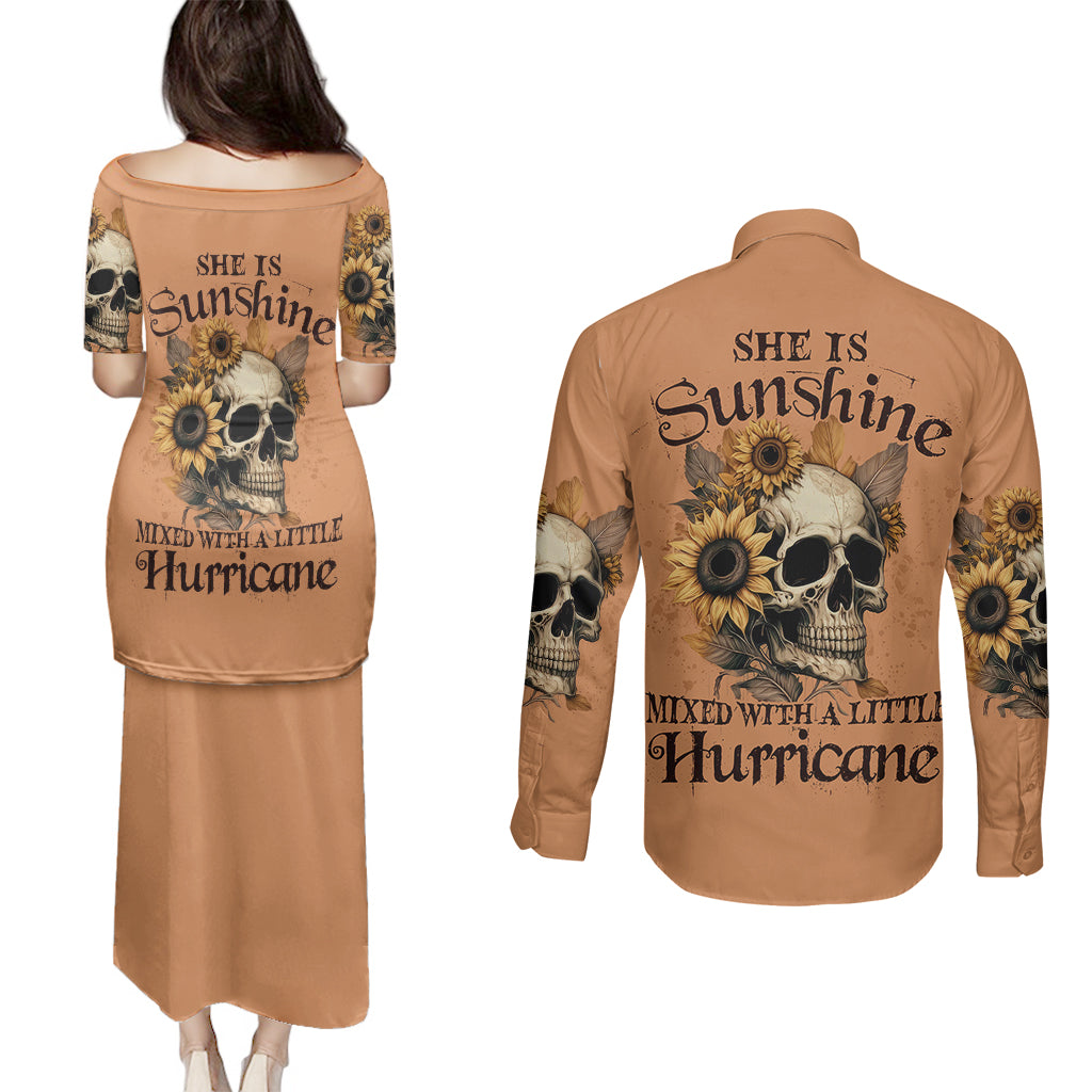 Sunflower Skull Couples Matching Puletasi Dress and Long Sleeve Button Shirts She Is Sunshine Mixed With A Little Hurricance - Wonder Print Shop