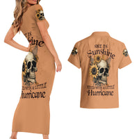 Sunflower Skull Couples Matching Short Sleeve Bodycon Dress and Hawaiian Shirt She Is Sunshine Mixed With A Little Hurricance - Wonder Print Shop