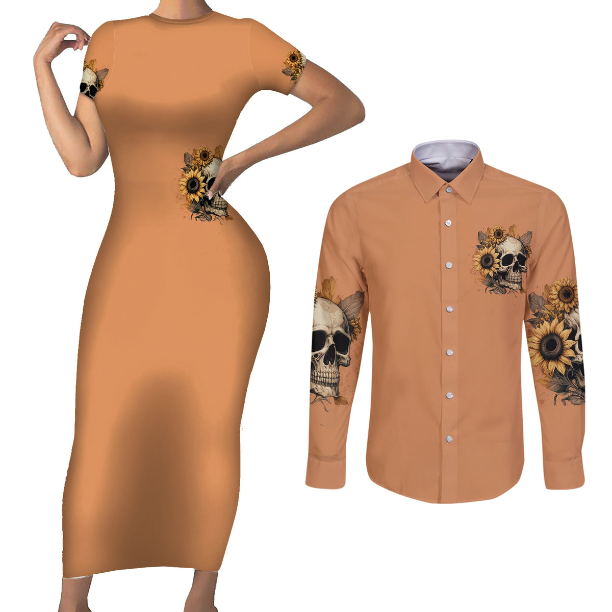 Sunflower Skull Couples Matching Short Sleeve Bodycon Dress and Long Sleeve Button Shirts She Is Sunshine Mixed With A Little Hurricance - Wonder Print Shop