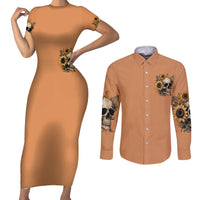 Sunflower Skull Couples Matching Short Sleeve Bodycon Dress and Long Sleeve Button Shirts She Is Sunshine Mixed With A Little Hurricance - Wonder Print Shop
