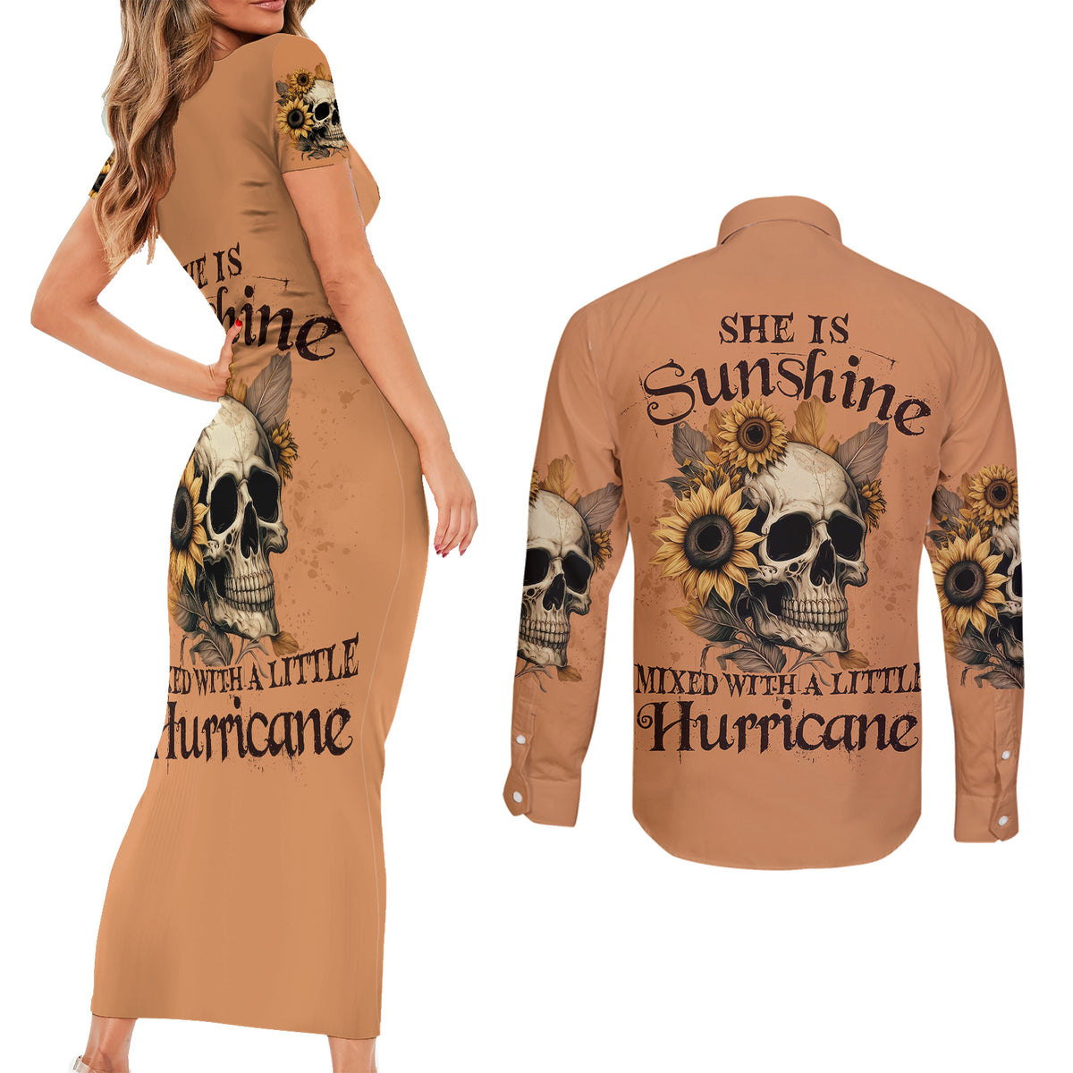 Sunflower Skull Couples Matching Short Sleeve Bodycon Dress and Long Sleeve Button Shirts She Is Sunshine Mixed With A Little Hurricance - Wonder Print Shop