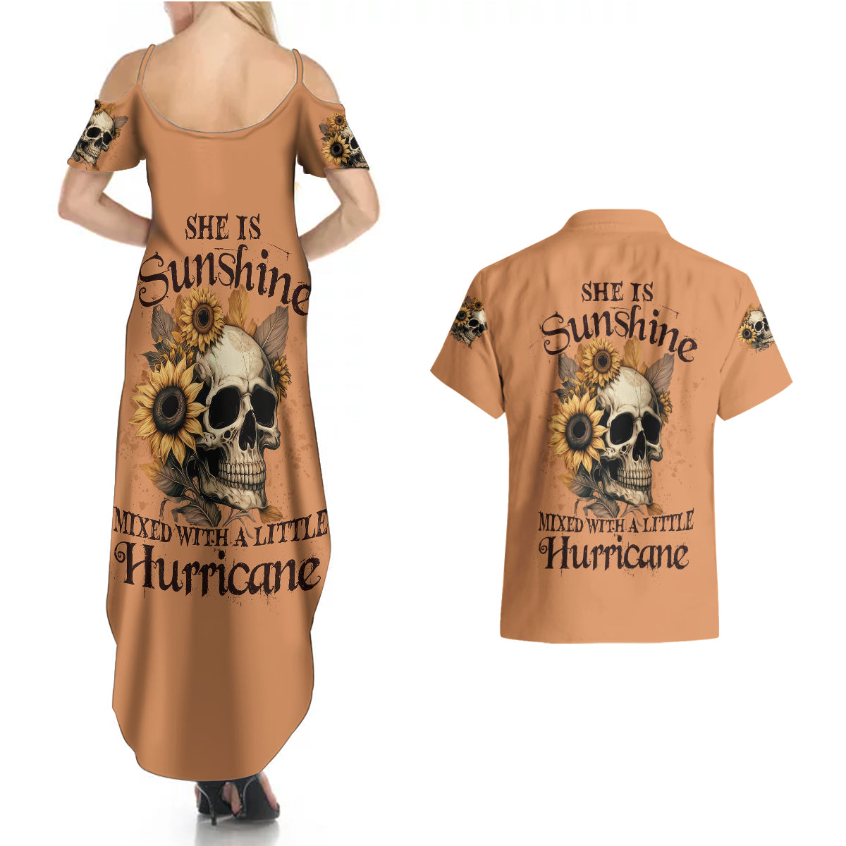 Sunflower Skull Couples Matching Summer Maxi Dress and Hawaiian Shirt She Is Sunshine Mixed With A Little Hurricance - Wonder Print Shop
