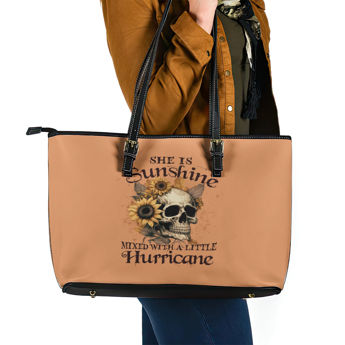 Sunflower Skull Leather Tote Bag She Is Sunshine Mixed With A Little Hurricance - Wonder Print Shop