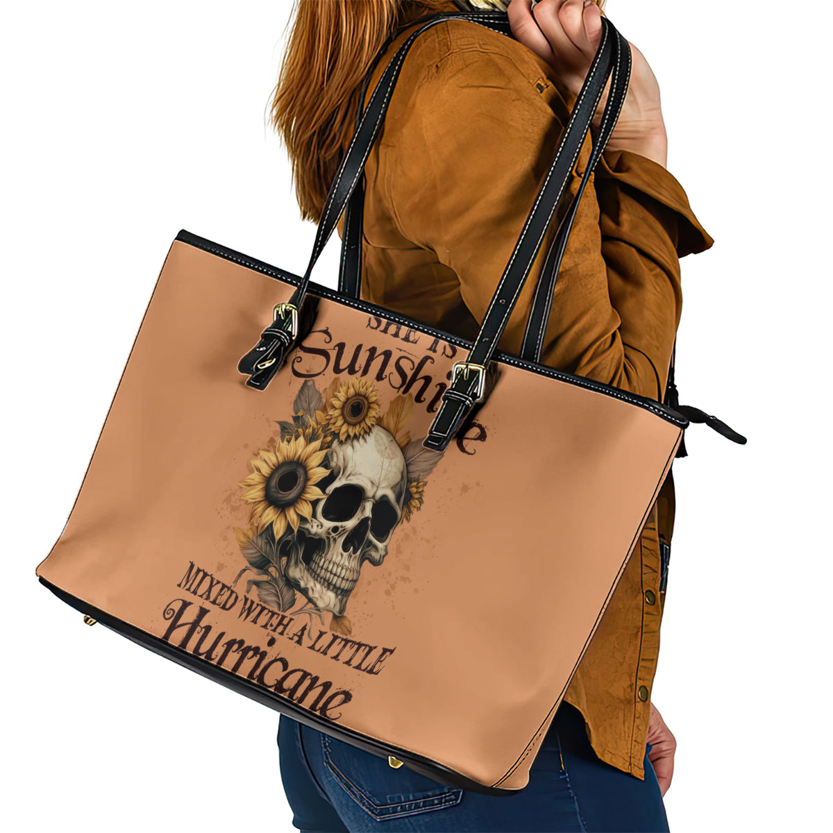 Sunflower Skull Leather Tote Bag She Is Sunshine Mixed With A Little Hurricance - Wonder Print Shop