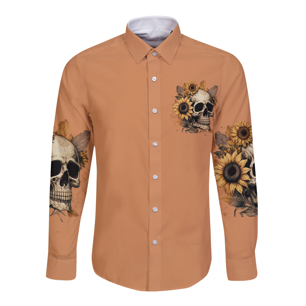 Sunflower Skull Long Sleeve Button Shirt She Is Sunshine Mixed With A Little Hurricance - Wonder Print Shop