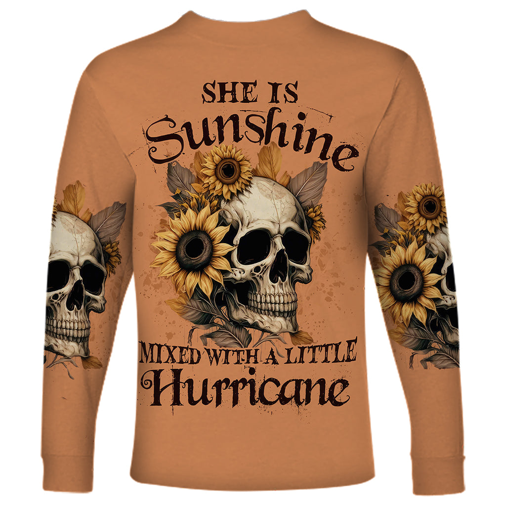 Sunflower Skull Long Sleeve Shirt She Is Sunshine Mixed With A Little Hurricance - Wonder Print Shop