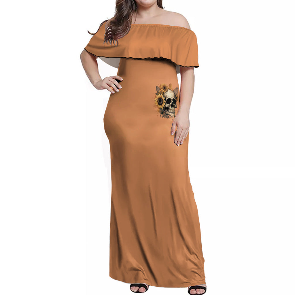Sunflower Skull Off Shoulder Maxi Dress She Is Sunshine Mixed With A Little Hurricance - Wonder Print Shop