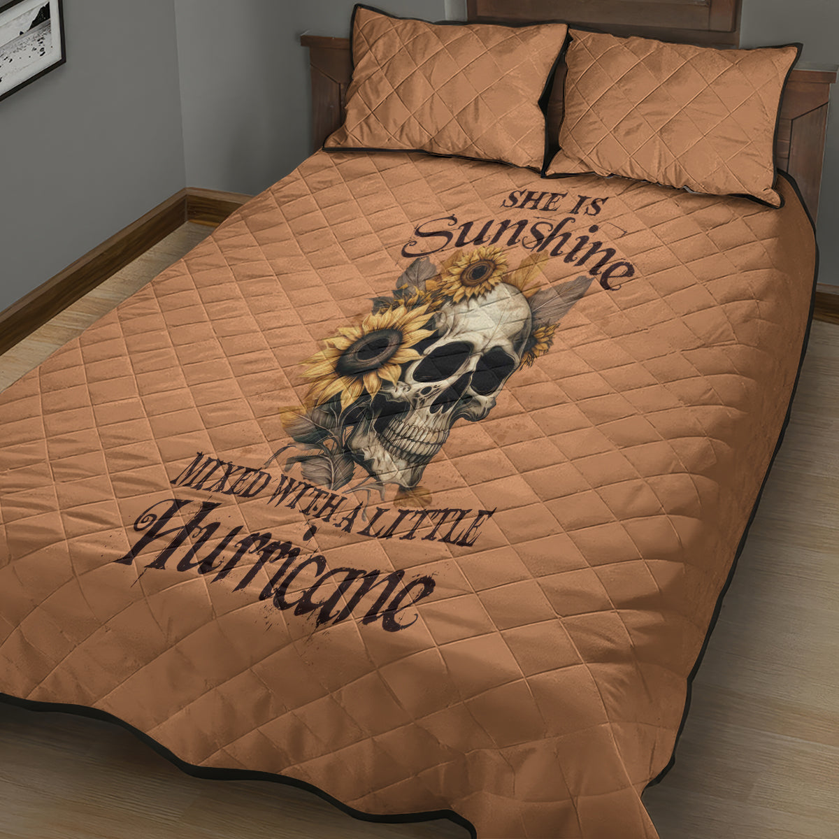 Sunflower Skull Quilt Bed Set She Is Sunshine Mixed With A Little Hurricance - Wonder Print Shop
