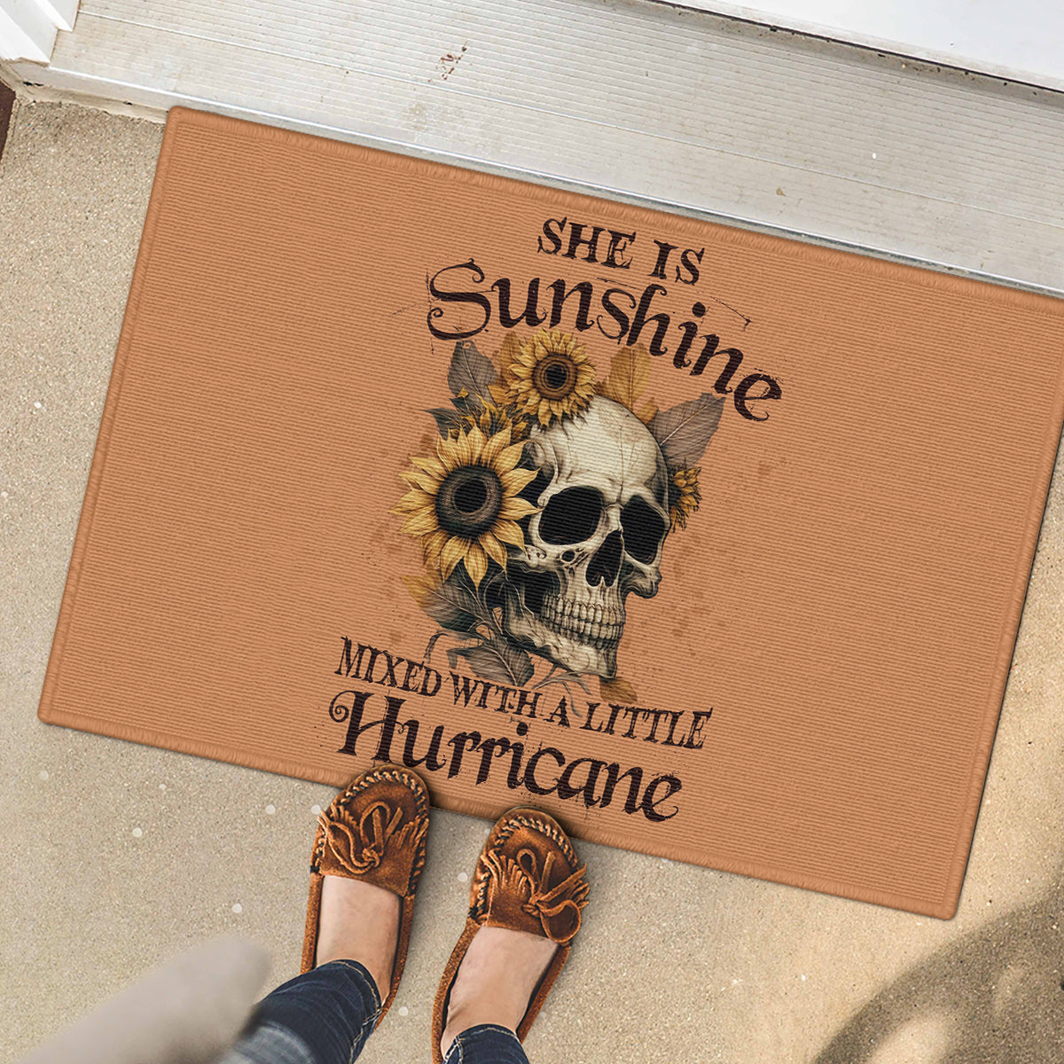 Sunflower Skull Rubber Doormat She Is Sunshine Mixed With A Little Hurricance - Wonder Print Shop