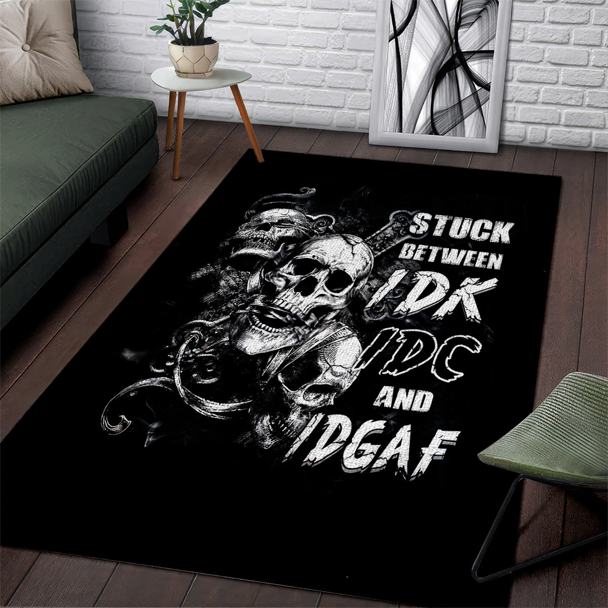 Three Skull Area Rug Stuck Between Idk Idc And Idgaf - Wonder Print Shop