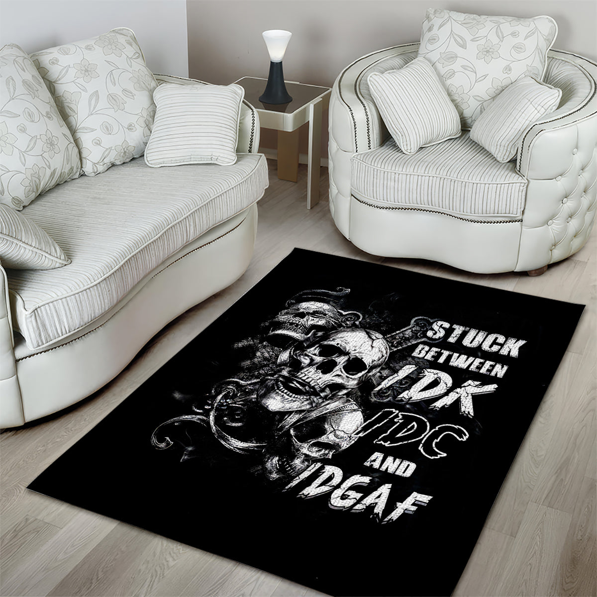 Three Skull Area Rug Stuck Between Idk Idc And Idgaf - Wonder Print Shop