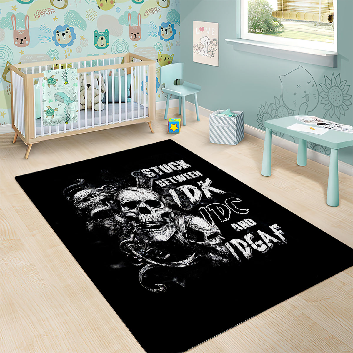 Three Skull Area Rug Stuck Between Idk Idc And Idgaf - Wonder Print Shop