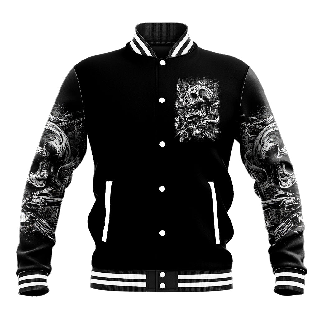 Three Skull Baseball Jacket Stuck Between Idk Idc And Idgaf - Wonder Print Shop