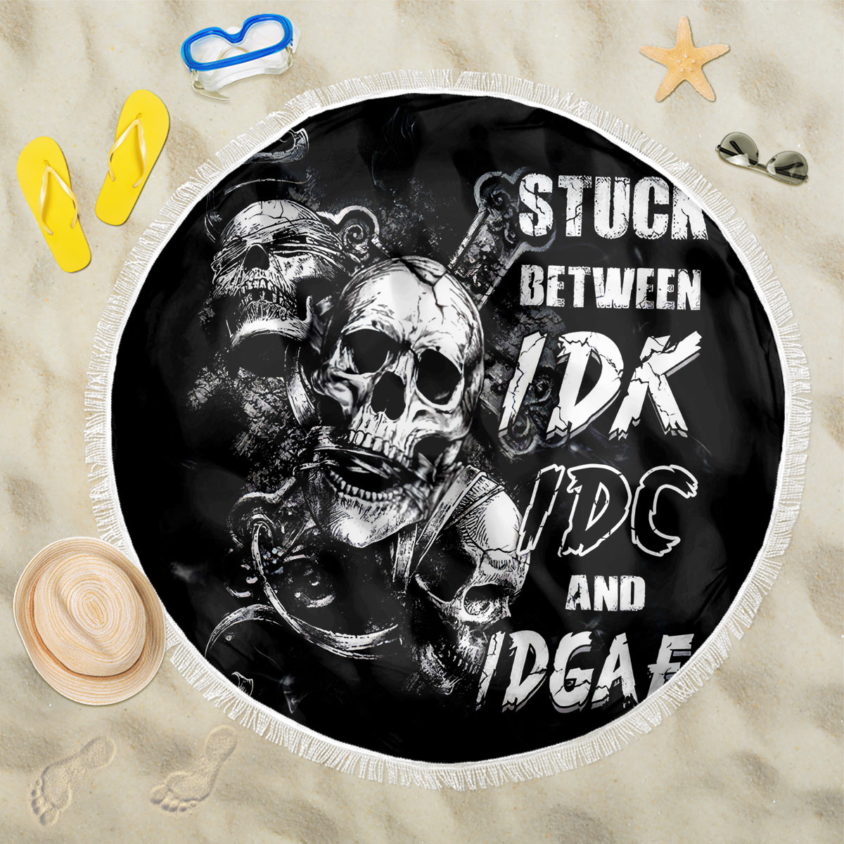 Three Skull Beach Blanket Stuck Between Idk Idc And Idgaf - Wonder Print Shop
