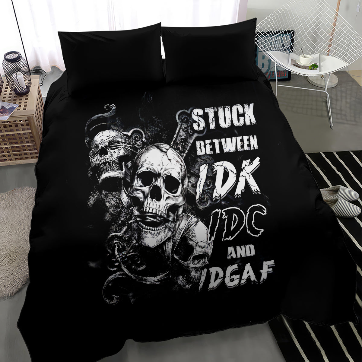 Three Skull Bedding Set Stuck Between Idk Idc And Idgaf - Wonder Print Shop