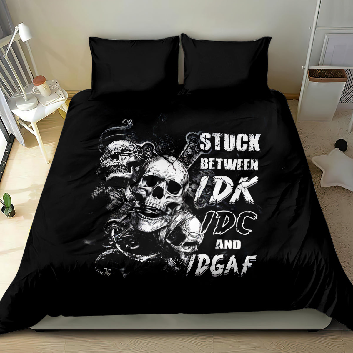 Three Skull Bedding Set Stuck Between Idk Idc And Idgaf - Wonder Print Shop