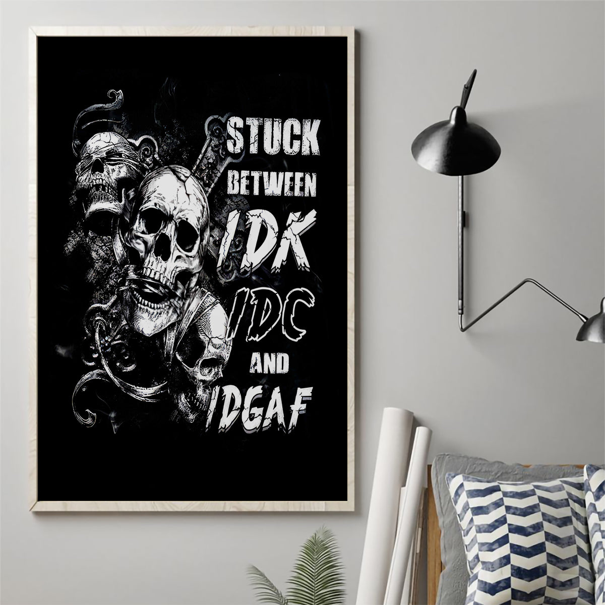 Three Skull Canvas Wall Art Stuck Between Idk Idc And Idgaf - Wonder Print Shop
