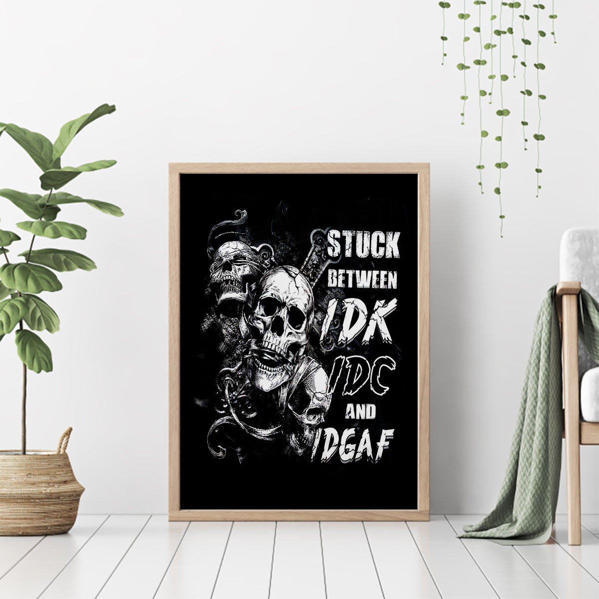 Three Skull Canvas Wall Art Stuck Between Idk Idc And Idgaf - Wonder Print Shop