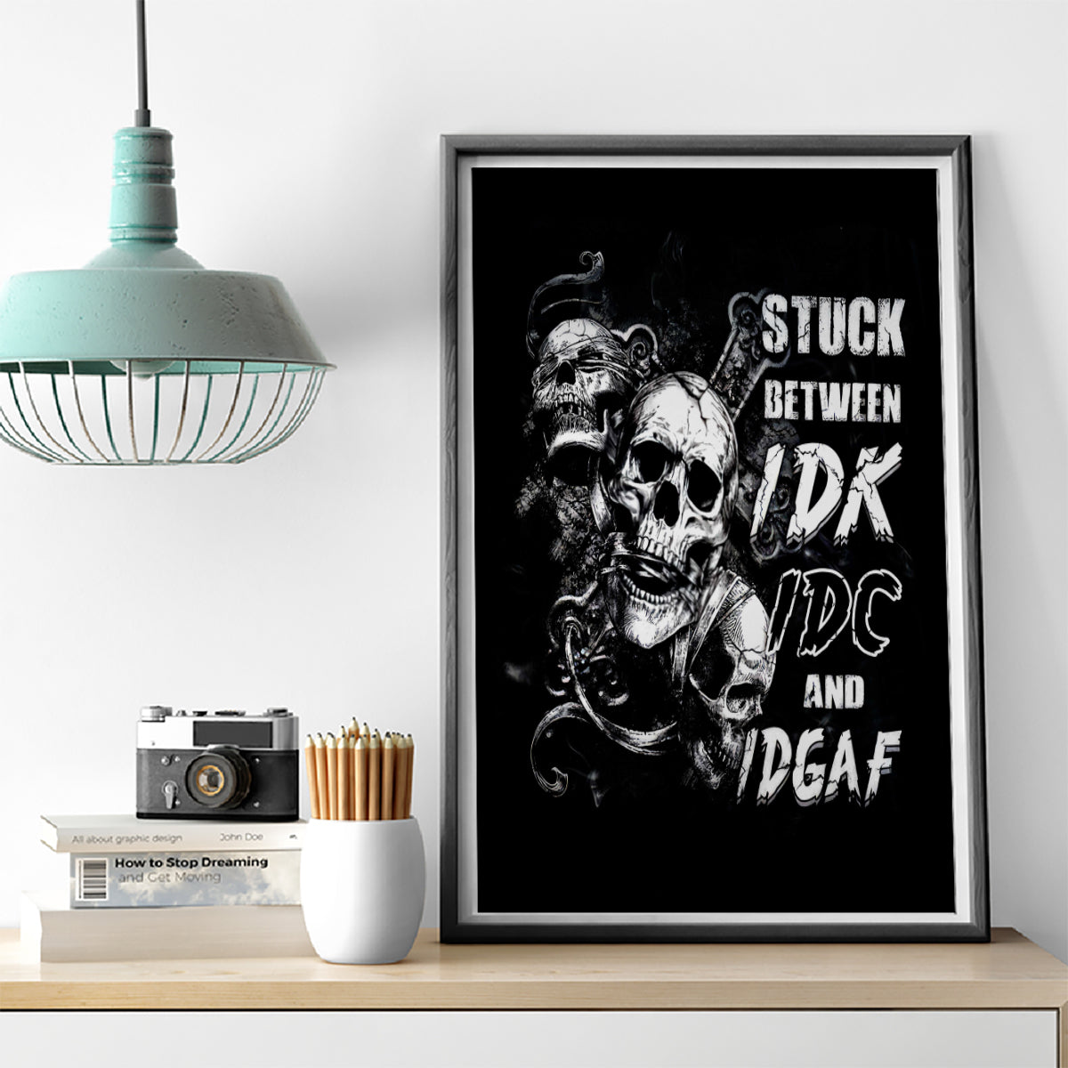 Three Skull Canvas Wall Art Stuck Between Idk Idc And Idgaf - Wonder Print Shop