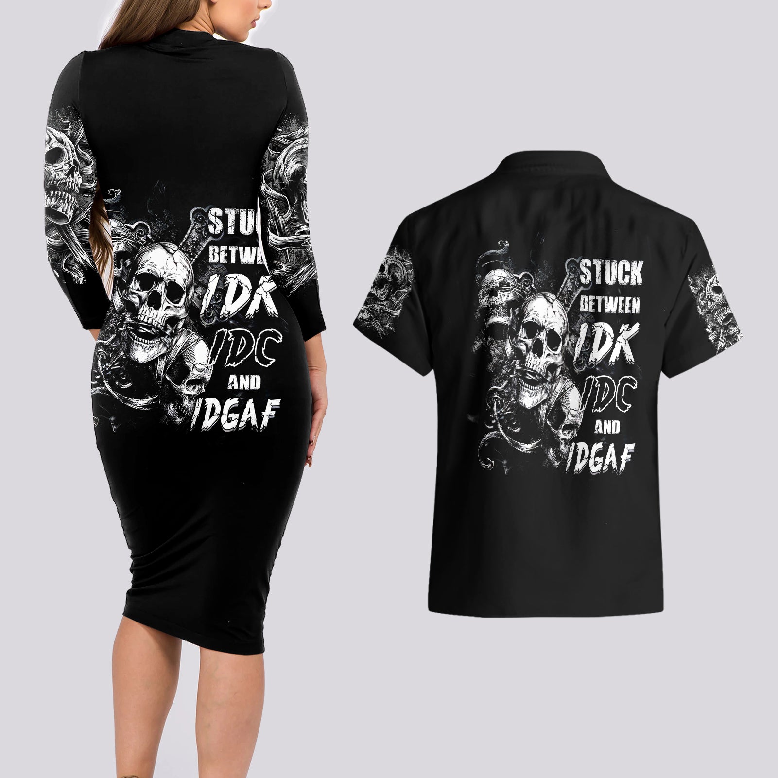 Three Skull Couples Matching Long Sleeve Bodycon Dress and Hawaiian Shirt Stuck Between Idk Idc And Idgaf - Wonder Print Shop