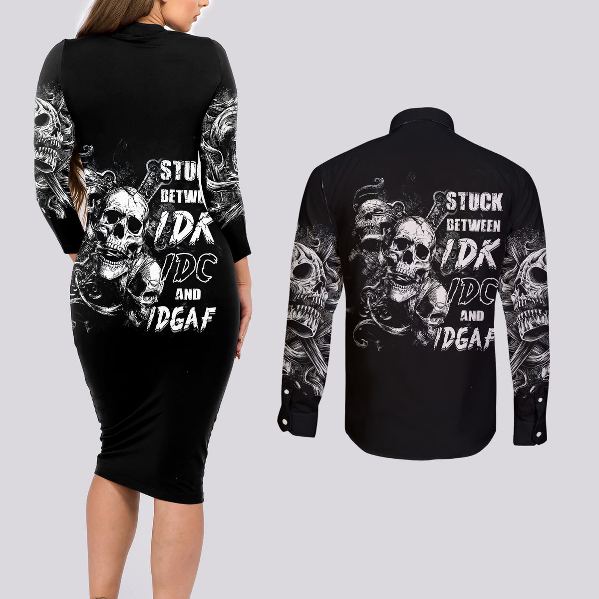 Three Skull Couples Matching Long Sleeve Bodycon Dress and Long Sleeve Button Shirts Stuck Between Idk Idc And Idgaf - Wonder Print Shop