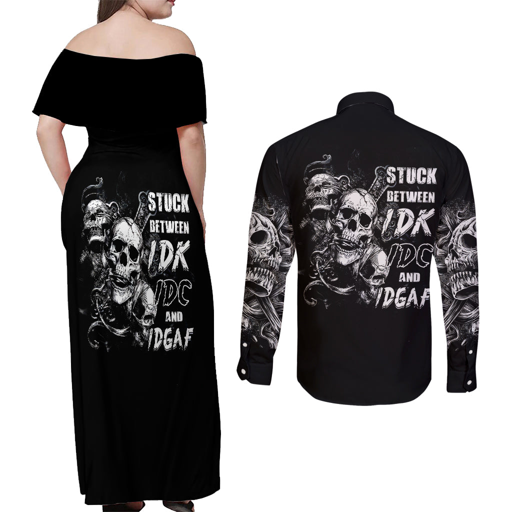 Three Skull Couples Matching Off Shoulder Maxi Dress and Long Sleeve Button Shirts Stuck Between Idk Idc And Idgaf - Wonder Print Shop