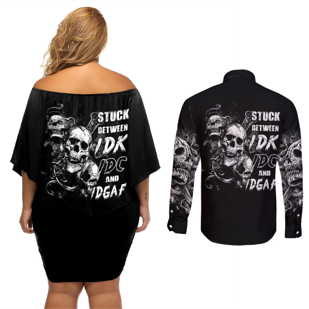 Three Skull Couples Matching Off Shoulder Short Dress and Long Sleeve Button Shirts Stuck Between Idk Idc And Idgaf - Wonder Print Shop