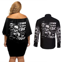 Three Skull Couples Matching Off Shoulder Short Dress and Long Sleeve Button Shirts Stuck Between Idk Idc And Idgaf - Wonder Print Shop