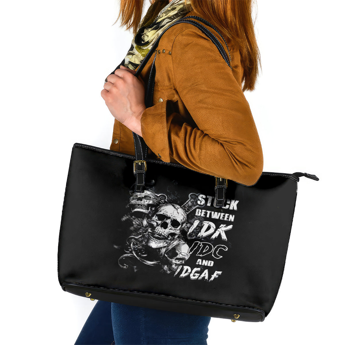 Three Skull Leather Tote Bag Stuck Between Idk Idc And Idgaf - Wonder Print Shop