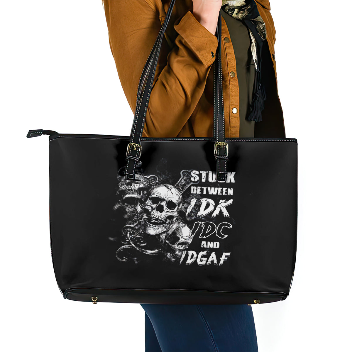 Three Skull Leather Tote Bag Stuck Between Idk Idc And Idgaf - Wonder Print Shop