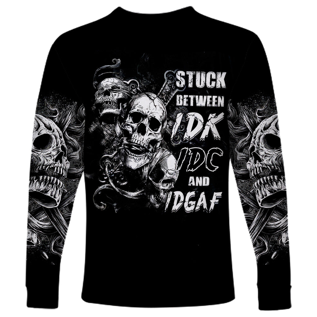 Three Skull Long Sleeve Shirt Stuck Between Idk Idc And Idgaf - Wonder Print Shop