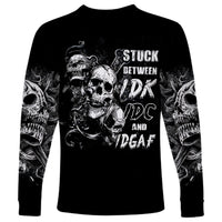 Three Skull Long Sleeve Shirt Stuck Between Idk Idc And Idgaf - Wonder Print Shop