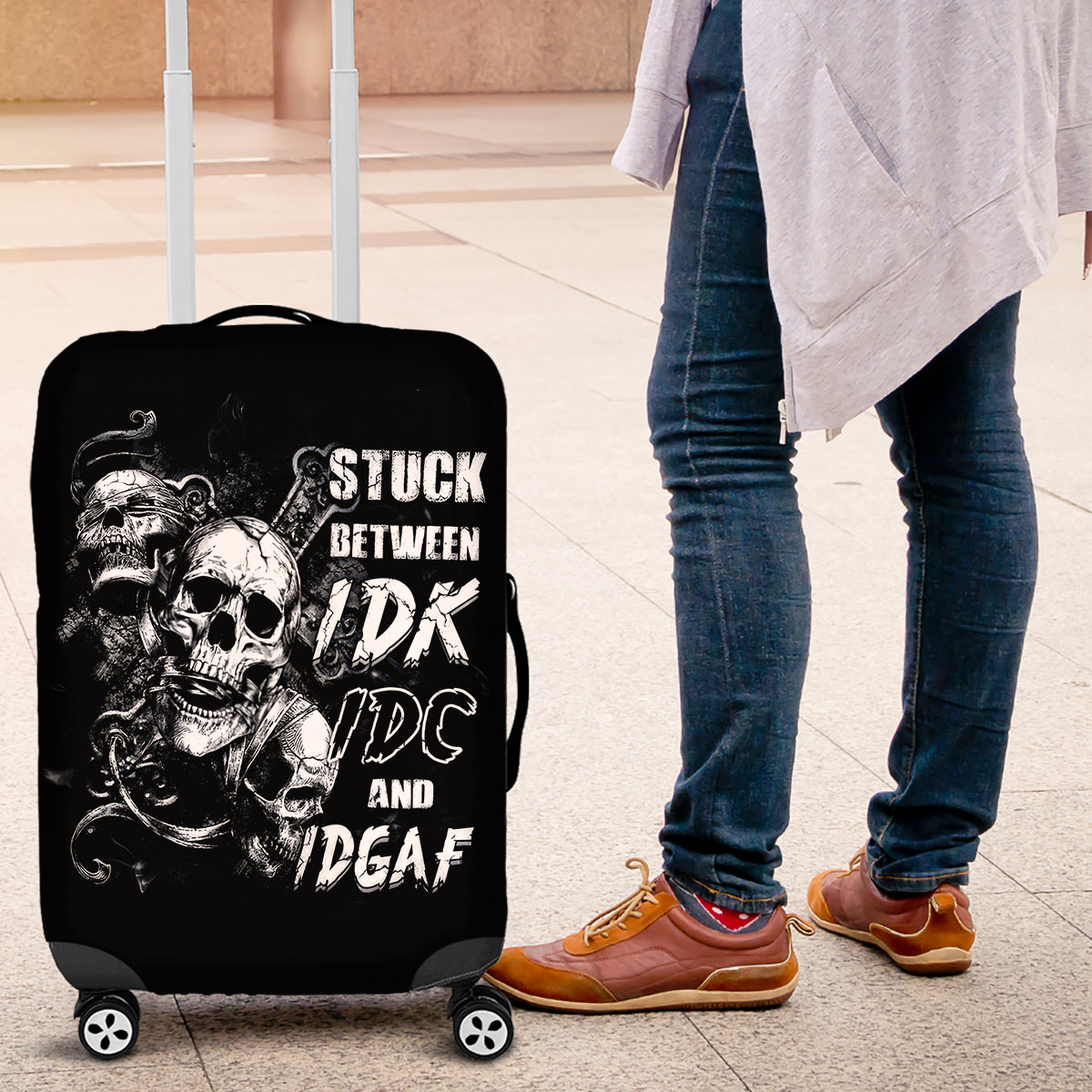 Three Skull Luggage Cover Stuck Between Idk Idc And Idgaf - Wonder Print Shop