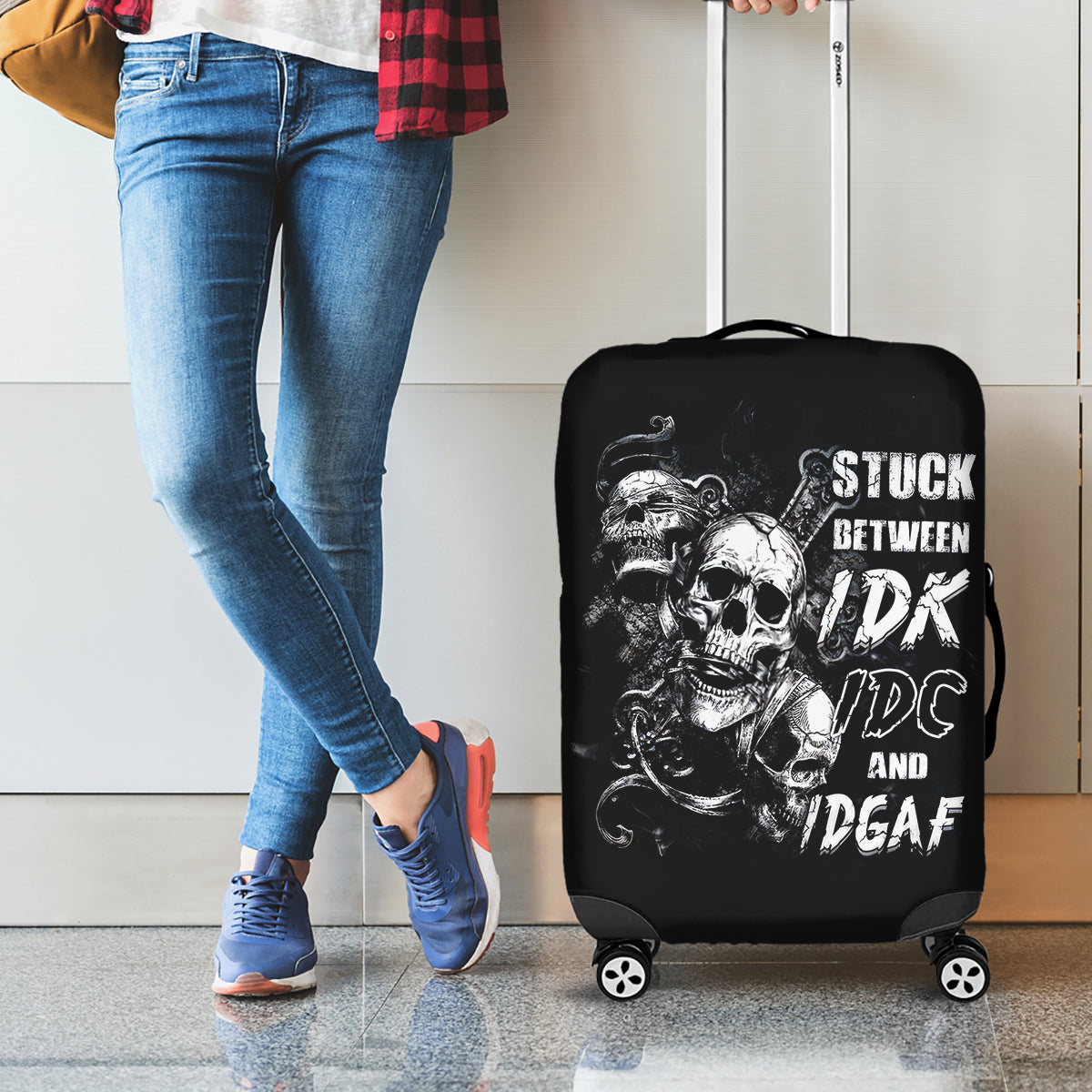 Three Skull Luggage Cover Stuck Between Idk Idc And Idgaf - Wonder Print Shop