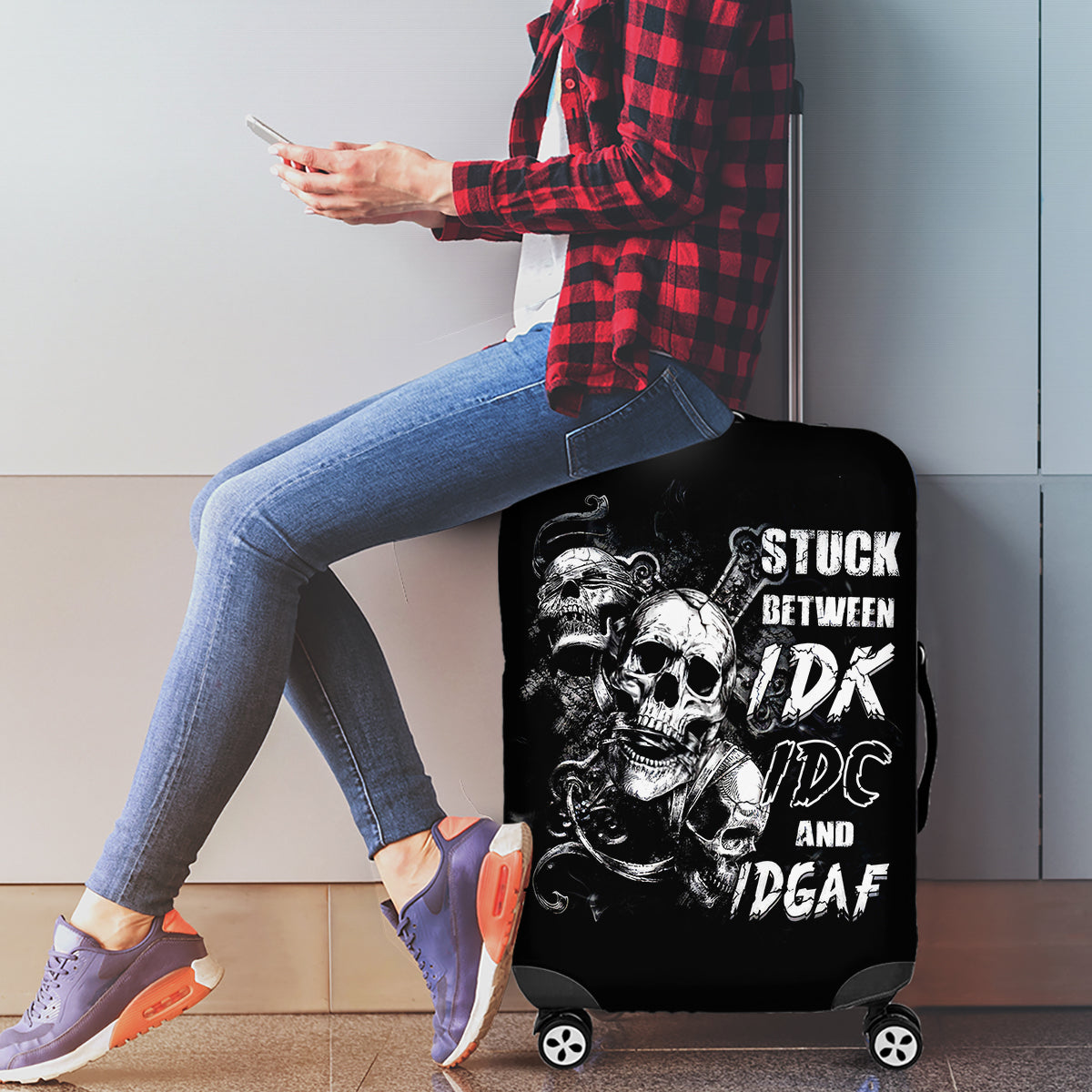 Three Skull Luggage Cover Stuck Between Idk Idc And Idgaf - Wonder Print Shop