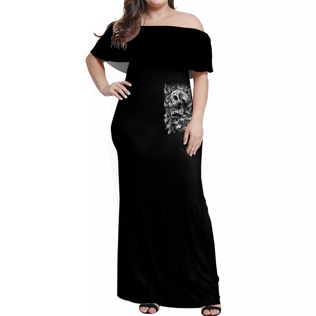 Three Skull Off Shoulder Maxi Dress Stuck Between Idk Idc And Idgaf - Wonder Print Shop