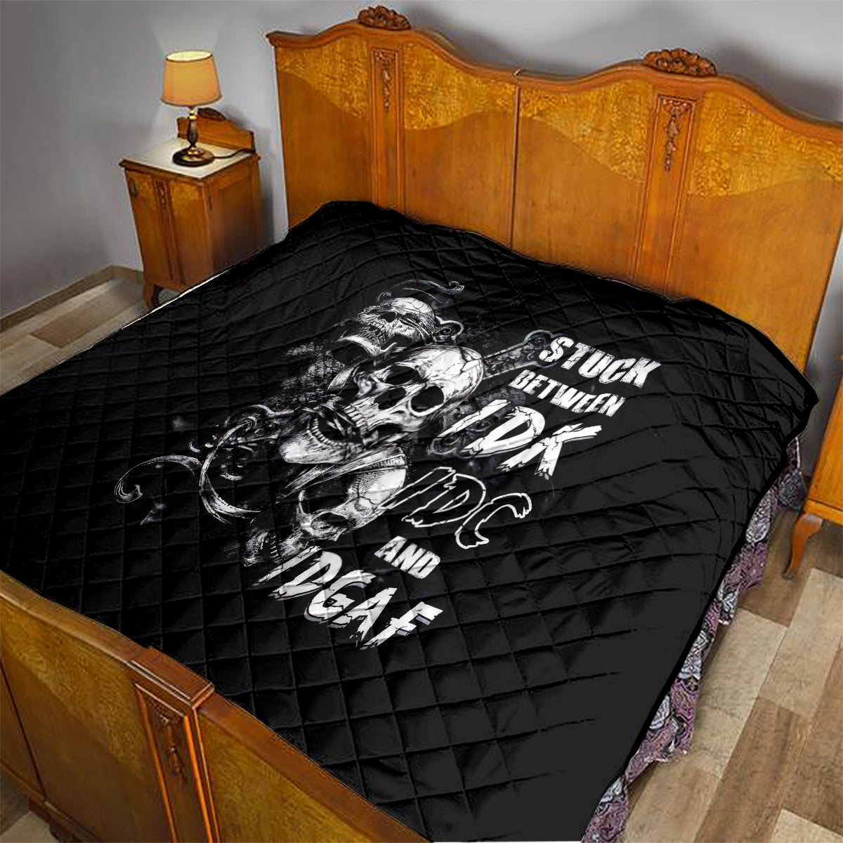 Three Skull Quilt Stuck Between Idk Idc And Idgaf - Wonder Print Shop