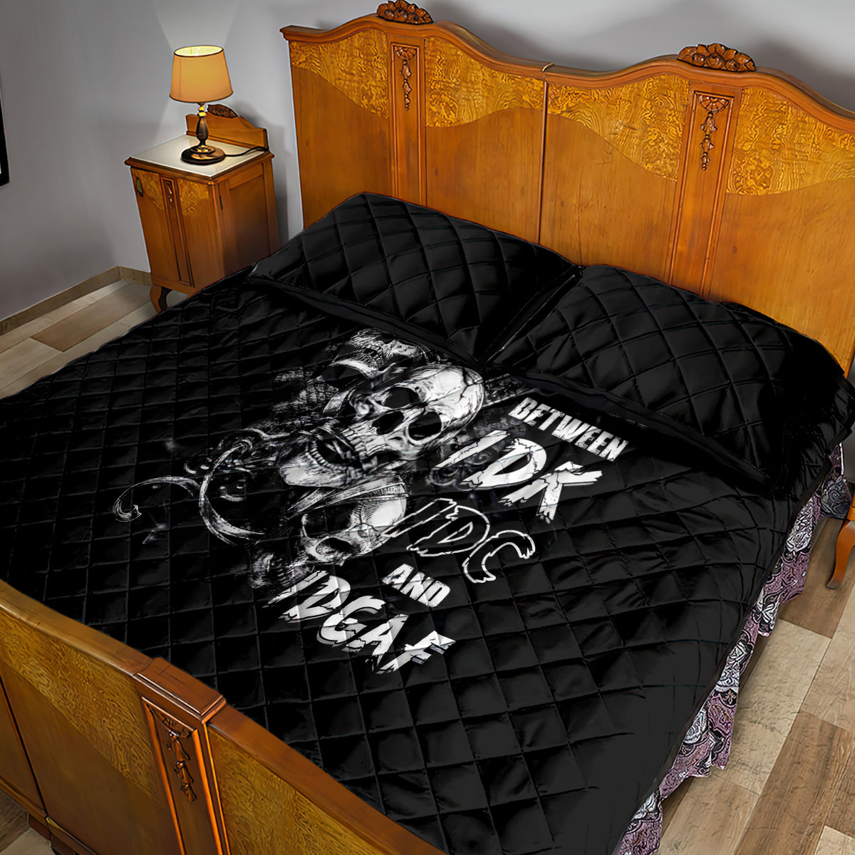 Three Skull Quilt Bed Set Stuck Between Idk Idc And Idgaf - Wonder Print Shop