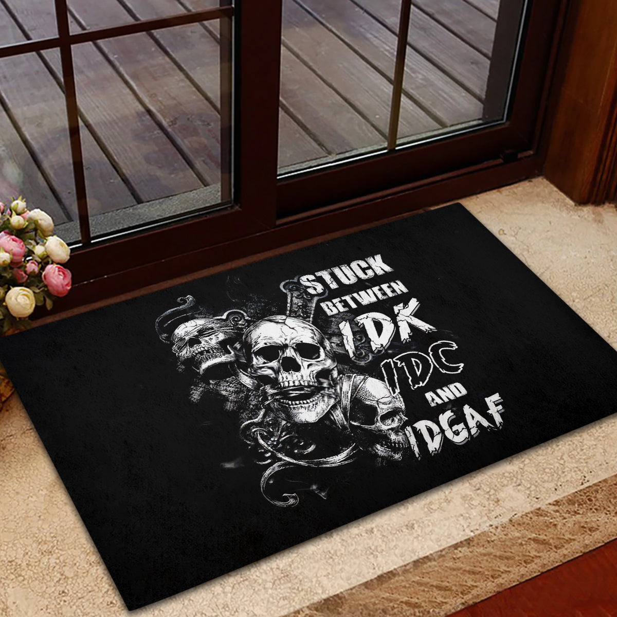 Three Skull Rubber Doormat Stuck Between Idk Idc And Idgaf - Wonder Print Shop
