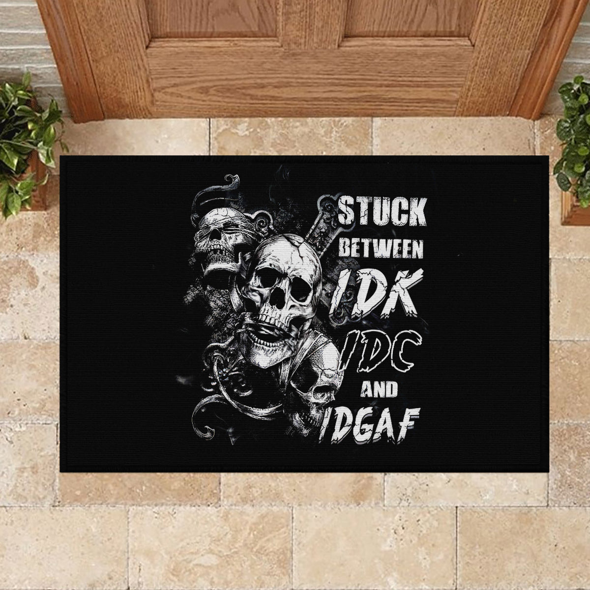 Three Skull Rubber Doormat Stuck Between Idk Idc And Idgaf - Wonder Print Shop