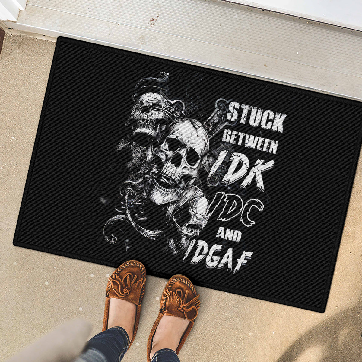Three Skull Rubber Doormat Stuck Between Idk Idc And Idgaf - Wonder Print Shop